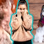 mujer con suéter de lana de perro
